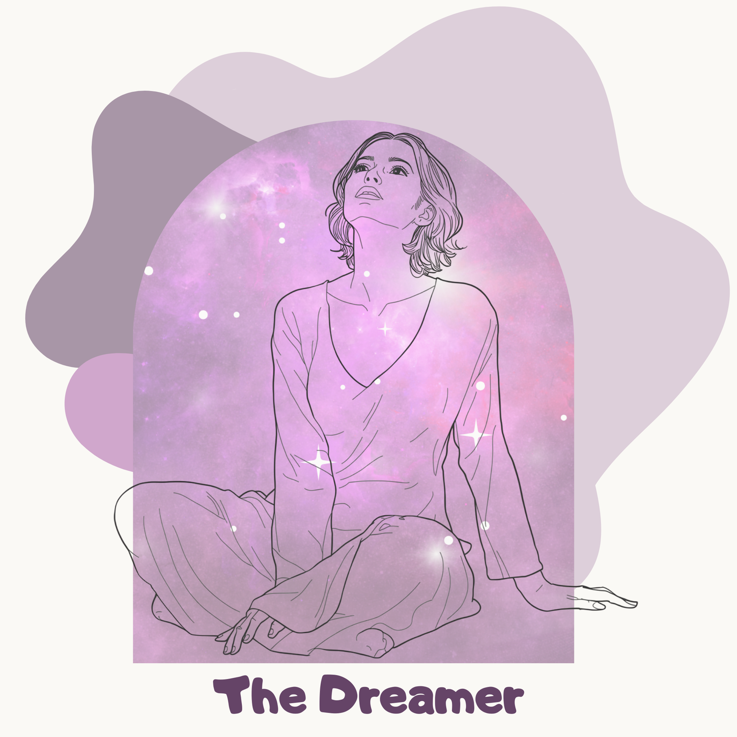 Illustration of a person sitting with a purple and pink gradient background labeled 'The Dreamer'.