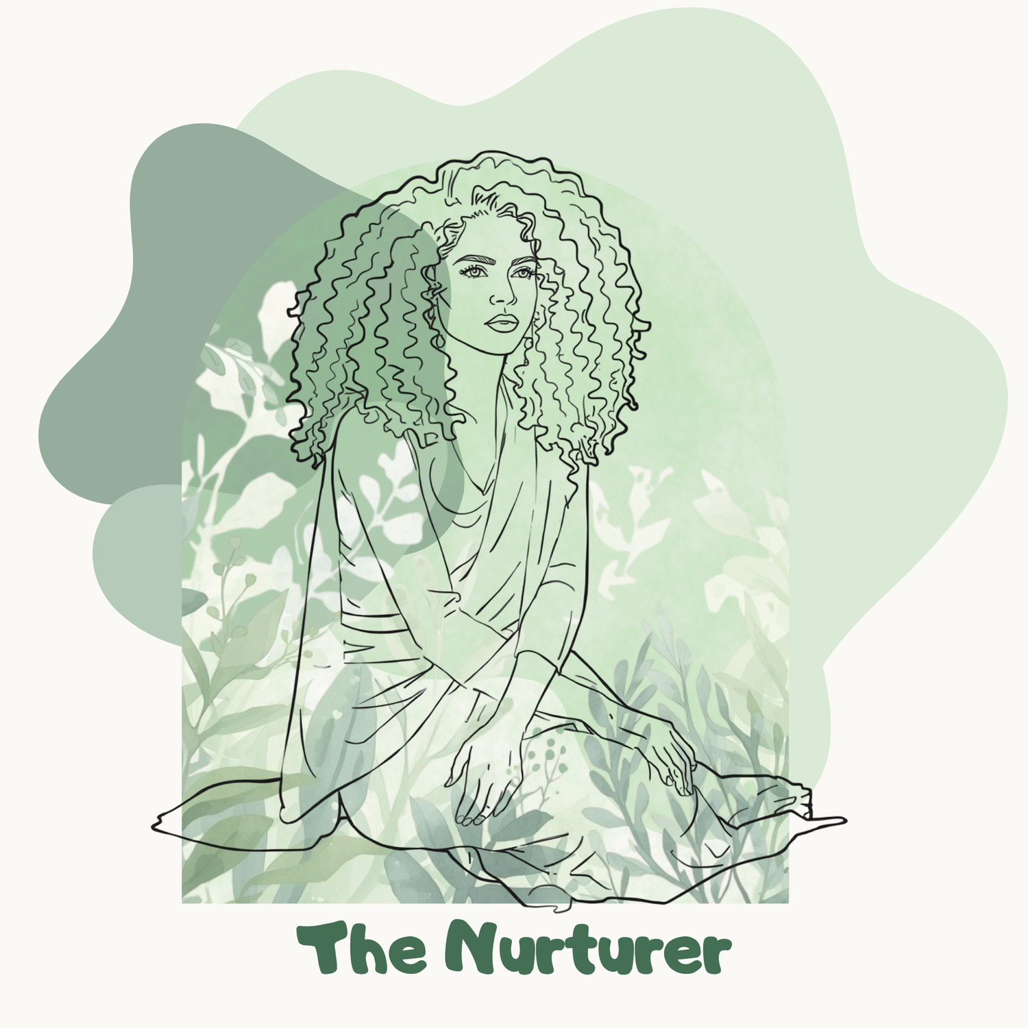 Illustration of a woman with curly hair sitting among plants, labeled 'The Nurturer'.