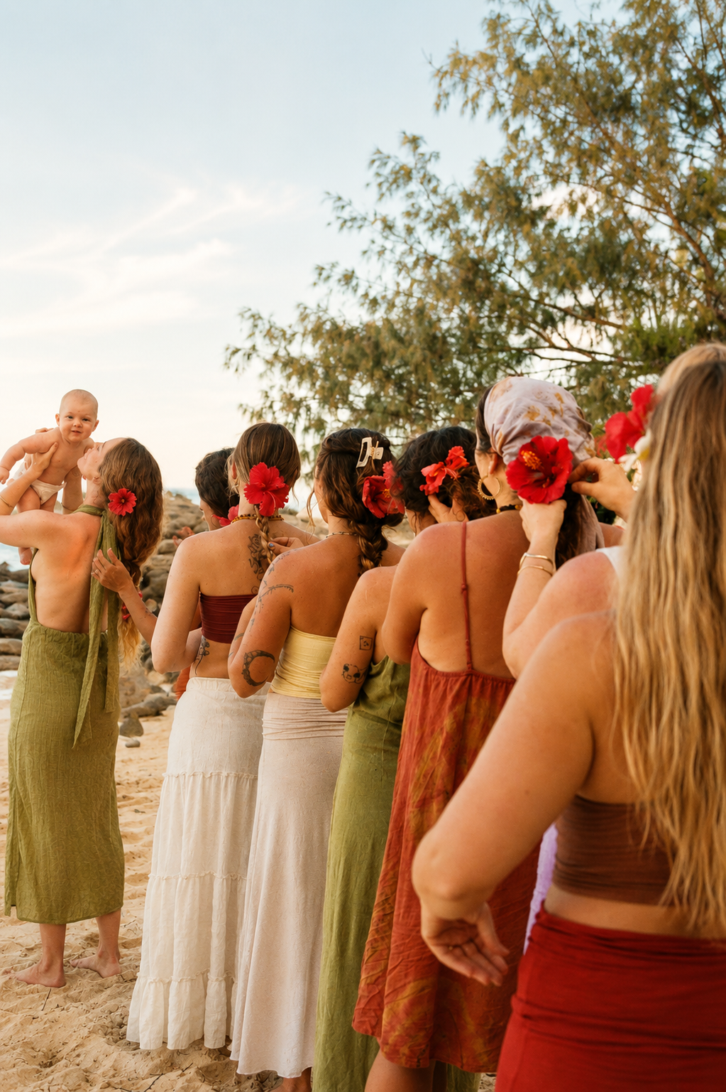 Group of women in colorful dresses with red flowers in their hair on a beach.